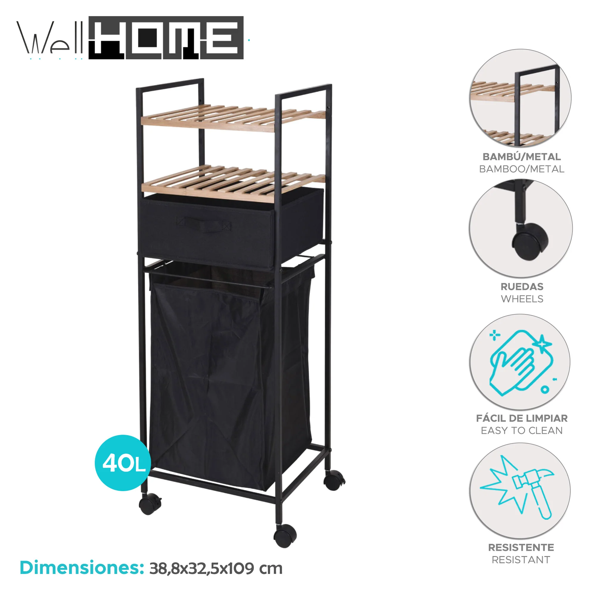 Well Home Estantería De Baño Con 2 Estantes + Bolsa De Lavandería En Poliéster De 40l, H.109cm - Image 2