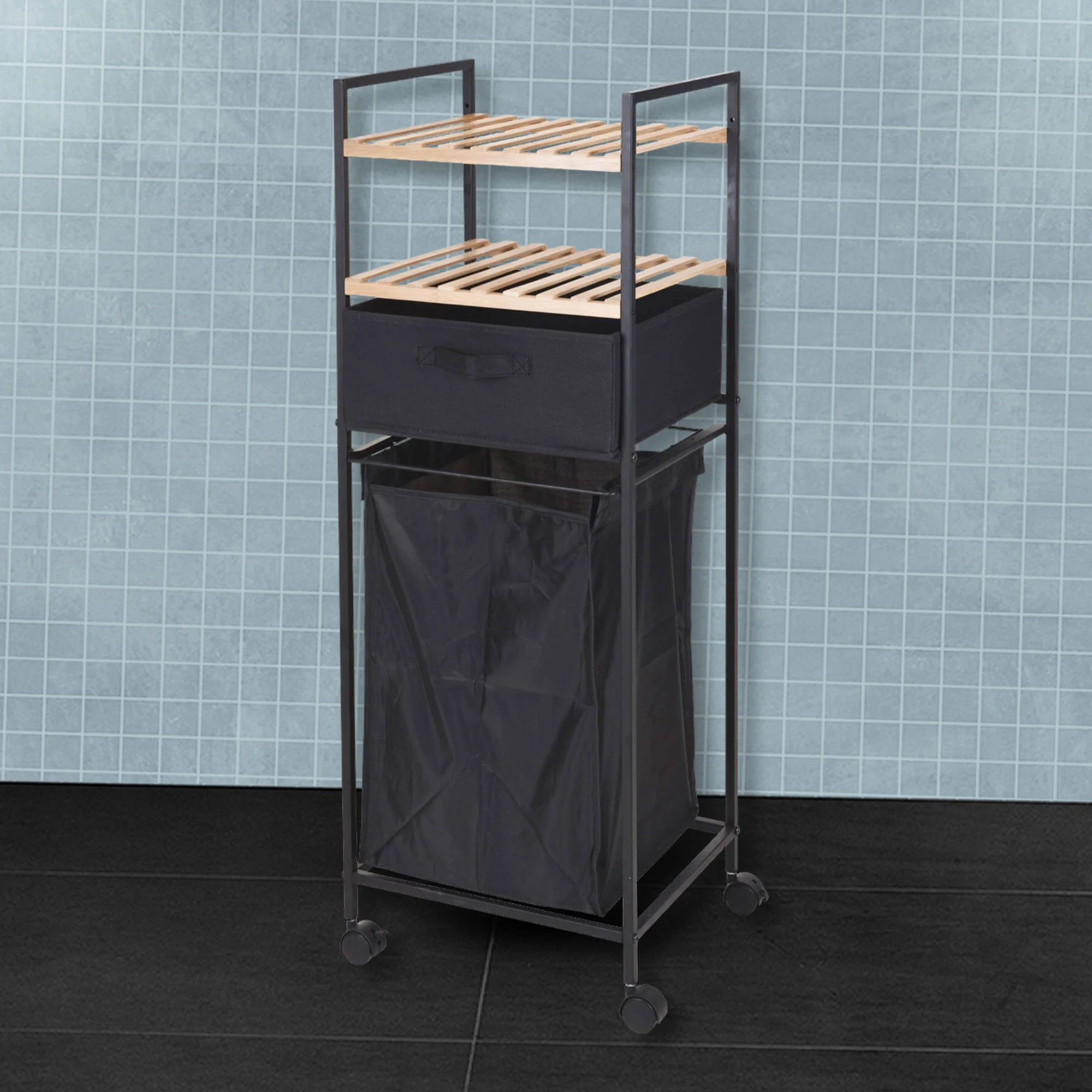 Well Home Estantería De Baño Con 2 Estantes + Bolsa De Lavandería En Poliéster De 40l, H.109cm - Image 3