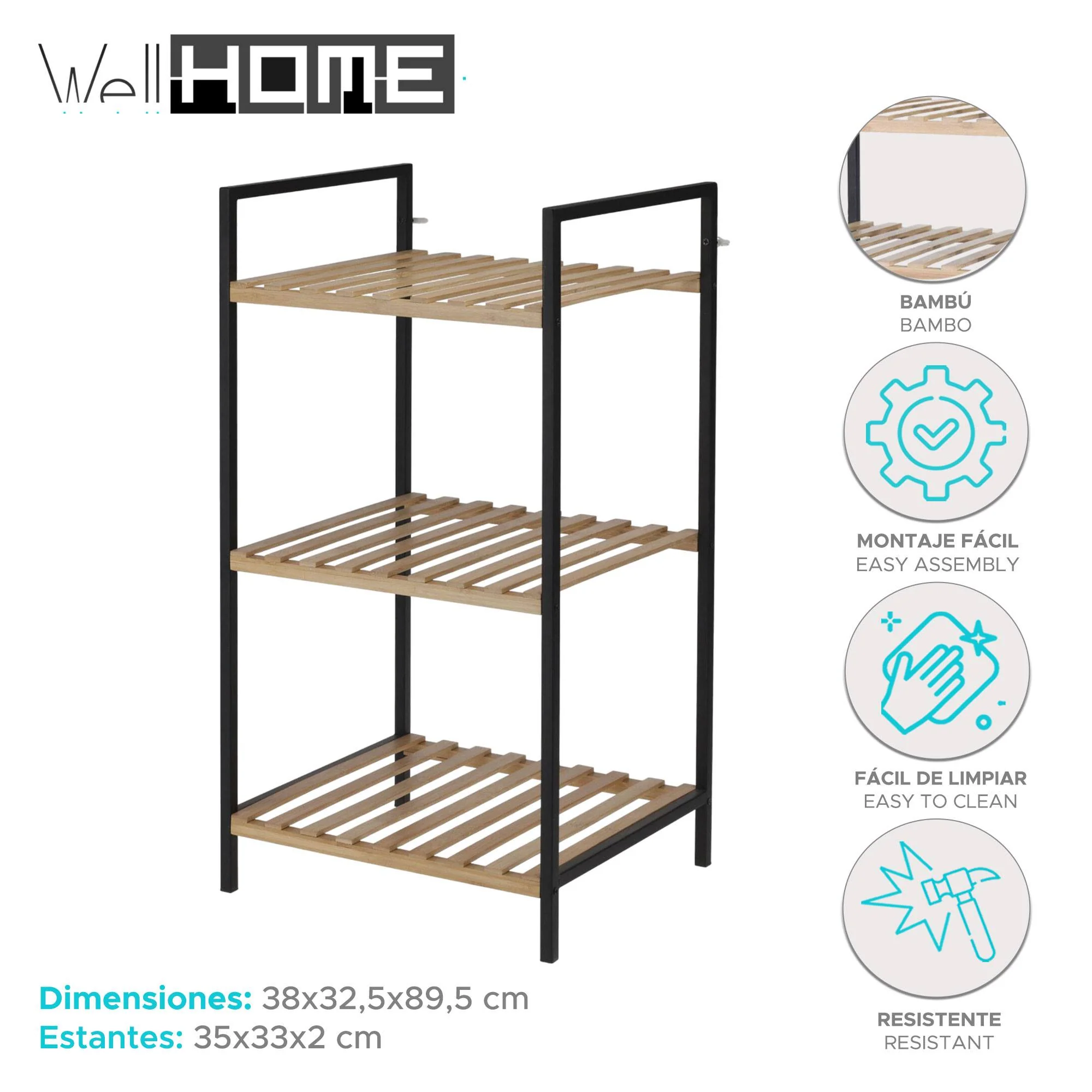 Well Home Estantería Para Baño Con 3 Estantes 38x32,5x70cm - Image 2
