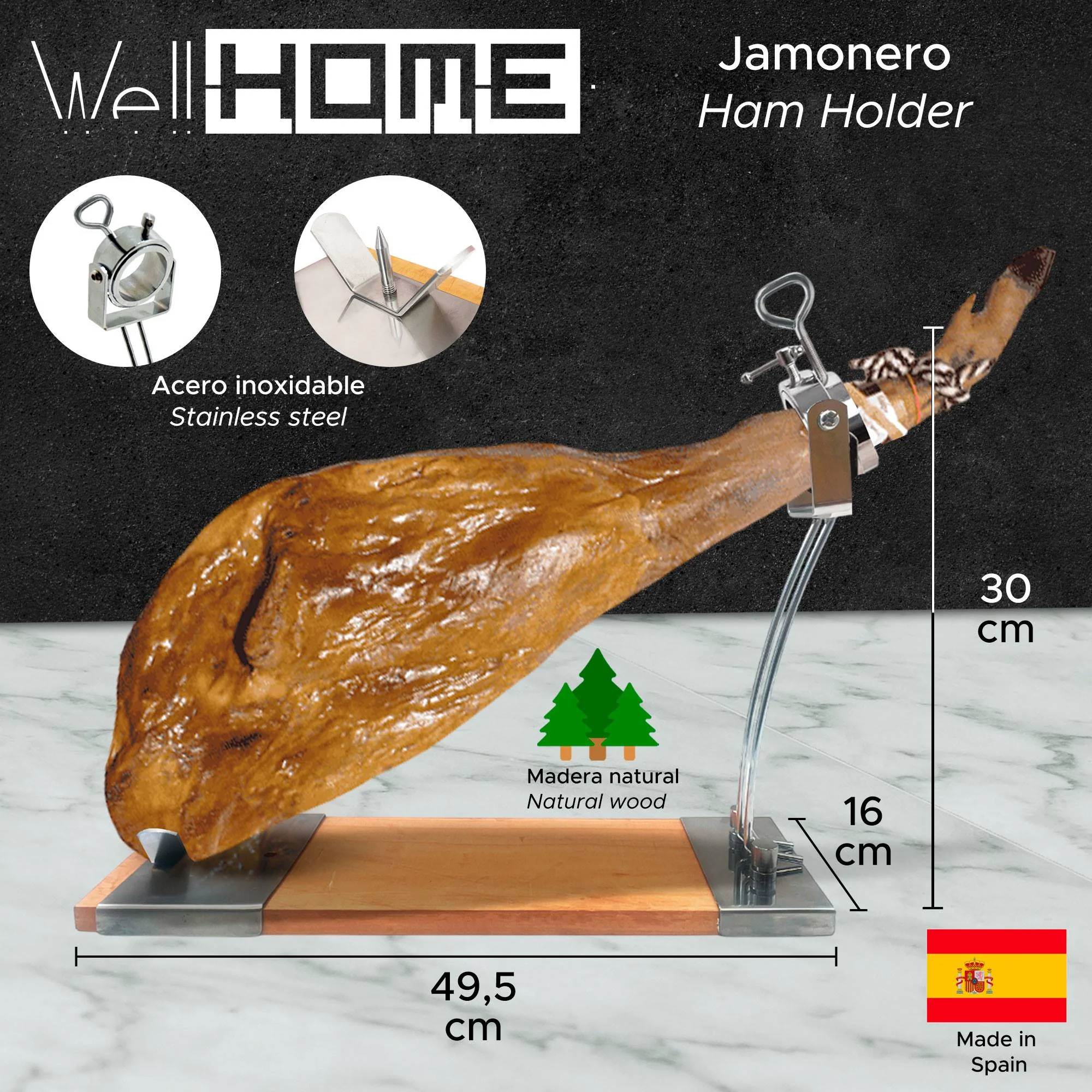 Well Home Jamonero Iberia Luxe Con Cabezal Giratorio, Base De Madera Y Acabados En Acero Inoxidable - Image 2