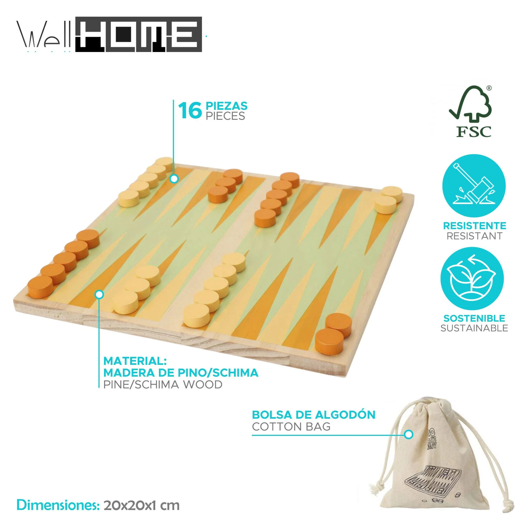 Well Home - Juego De Backgammon Con Bolsa De Algodón - Image 2