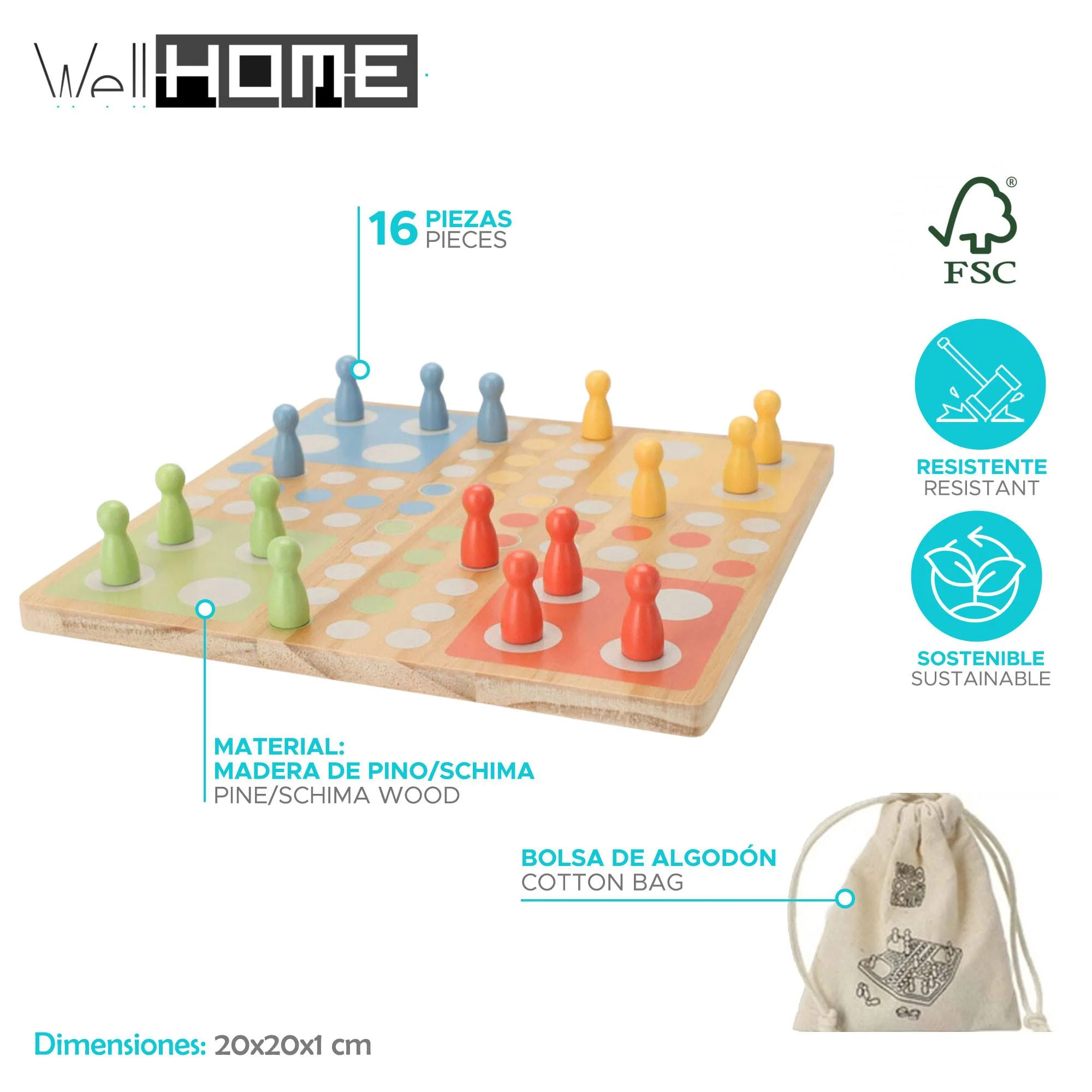 Well Home - Juego Ludo Board En Madera De Pino Con Bolsa De Algodón - Image 2