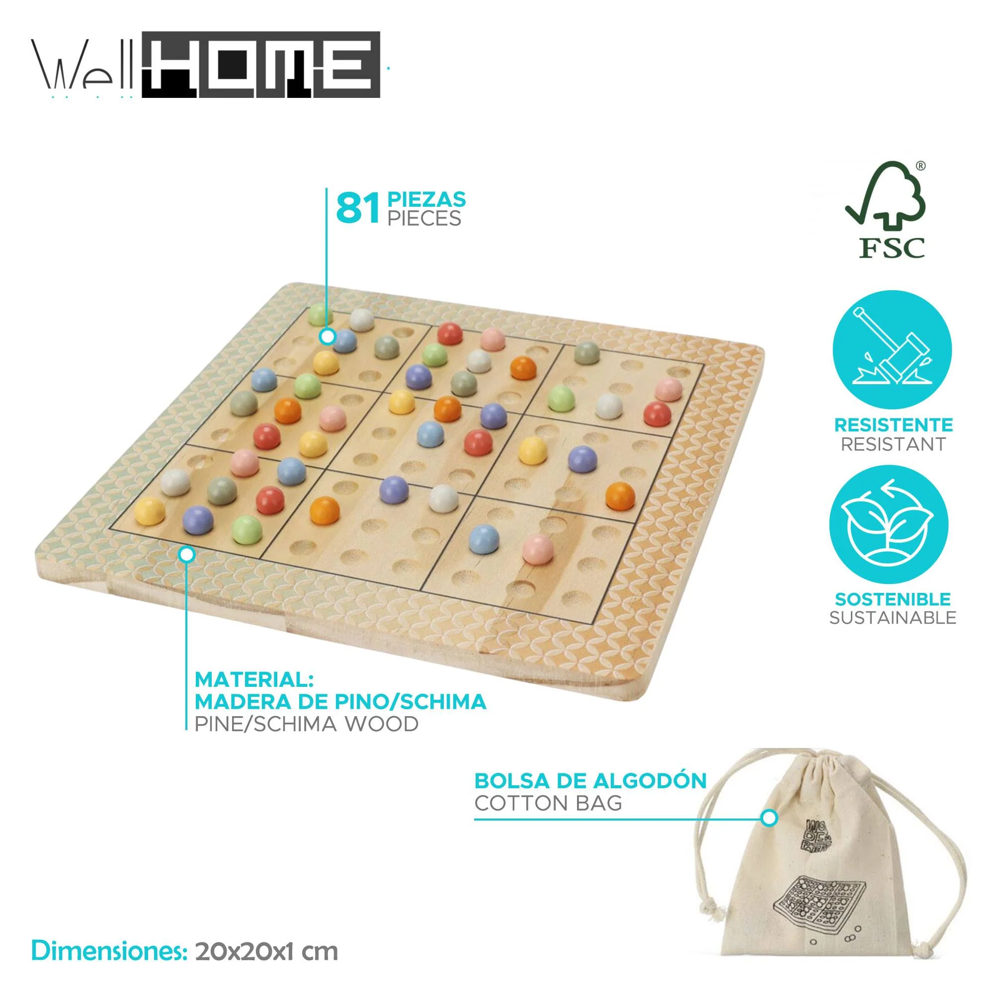 Well Home - Juego Sudoku En Madera Con Bolsa De Algodón - Image 2