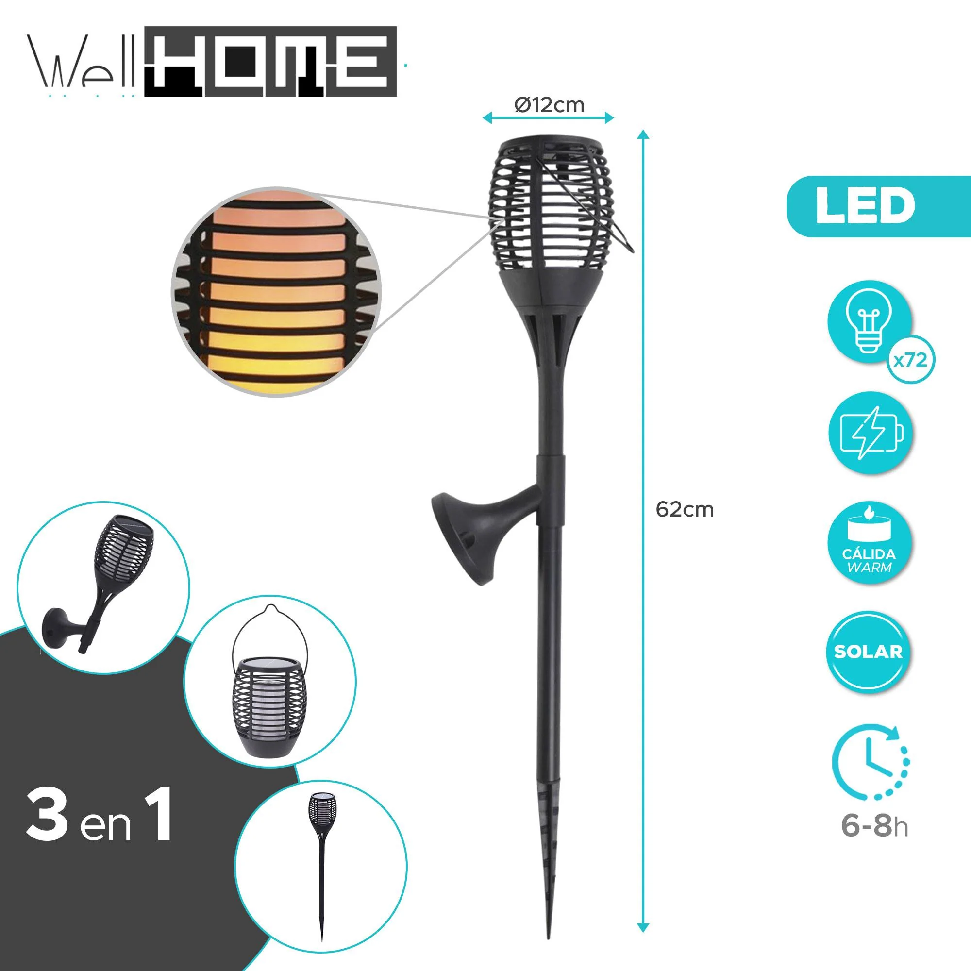 Well Home - Lámpara Solar De Jardín 'flame' Multifuncional Luces Led H.62cm - Image 2