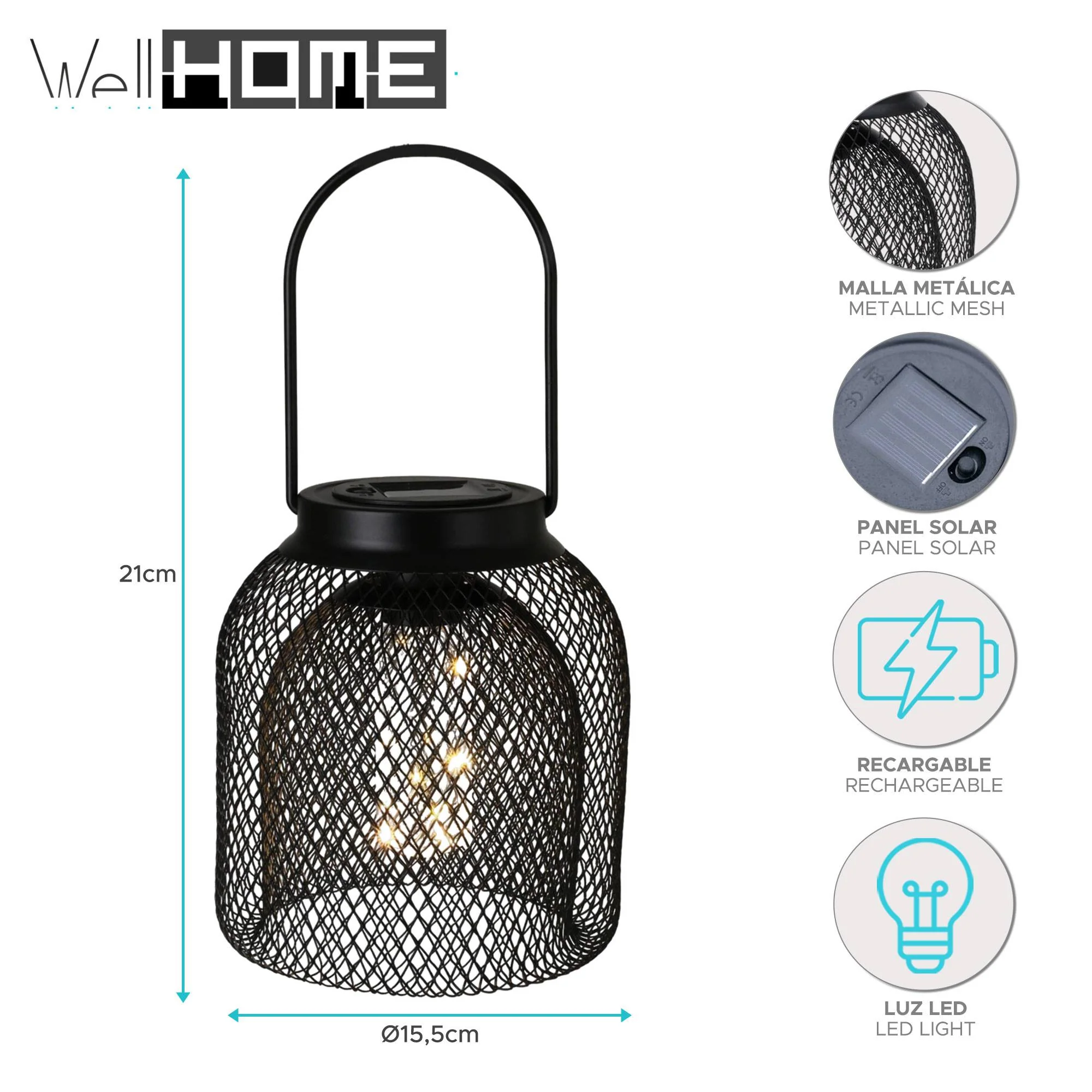 Well Home - Literna Solar De Malla Metálica Con Asa En Color Negro De Ø15,5x21cm - Image 2