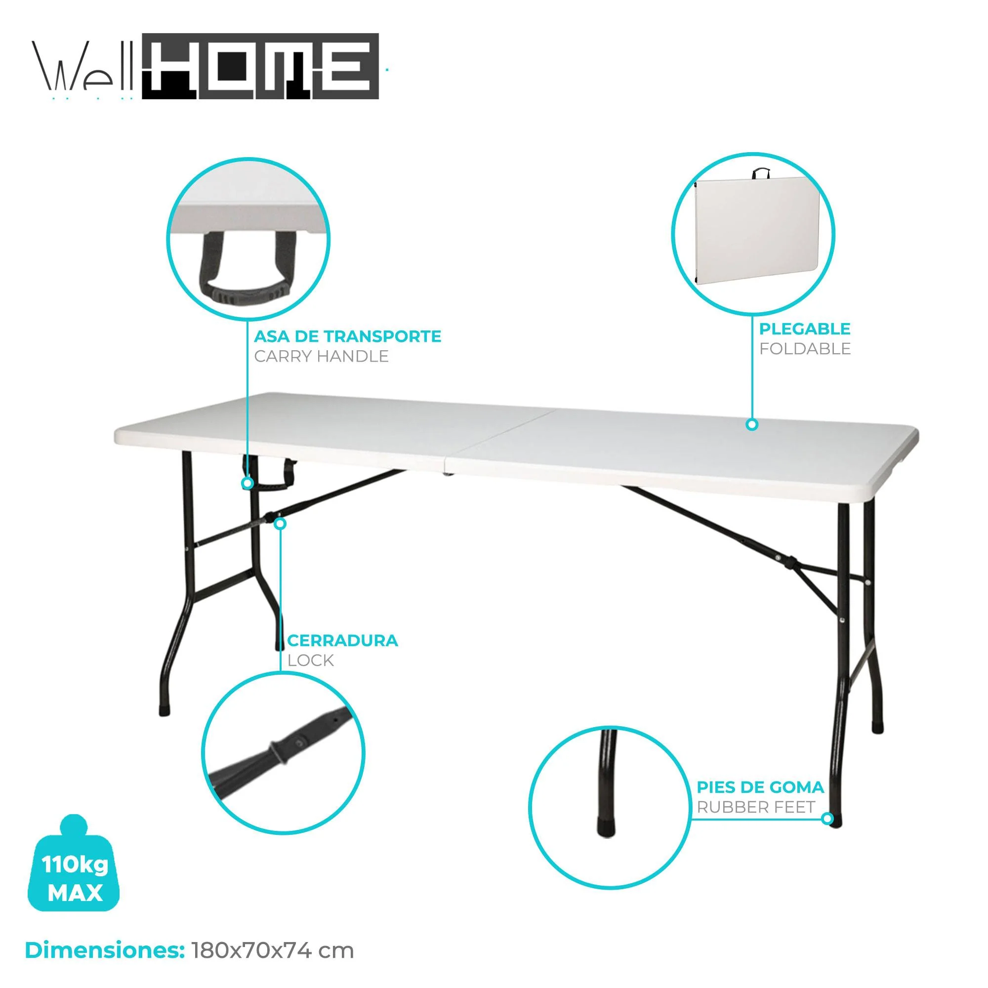 Well Home Mesa Plegable Blanca 180x70x74cm Con Mecanismo De Bloqueo Automático - Image 2