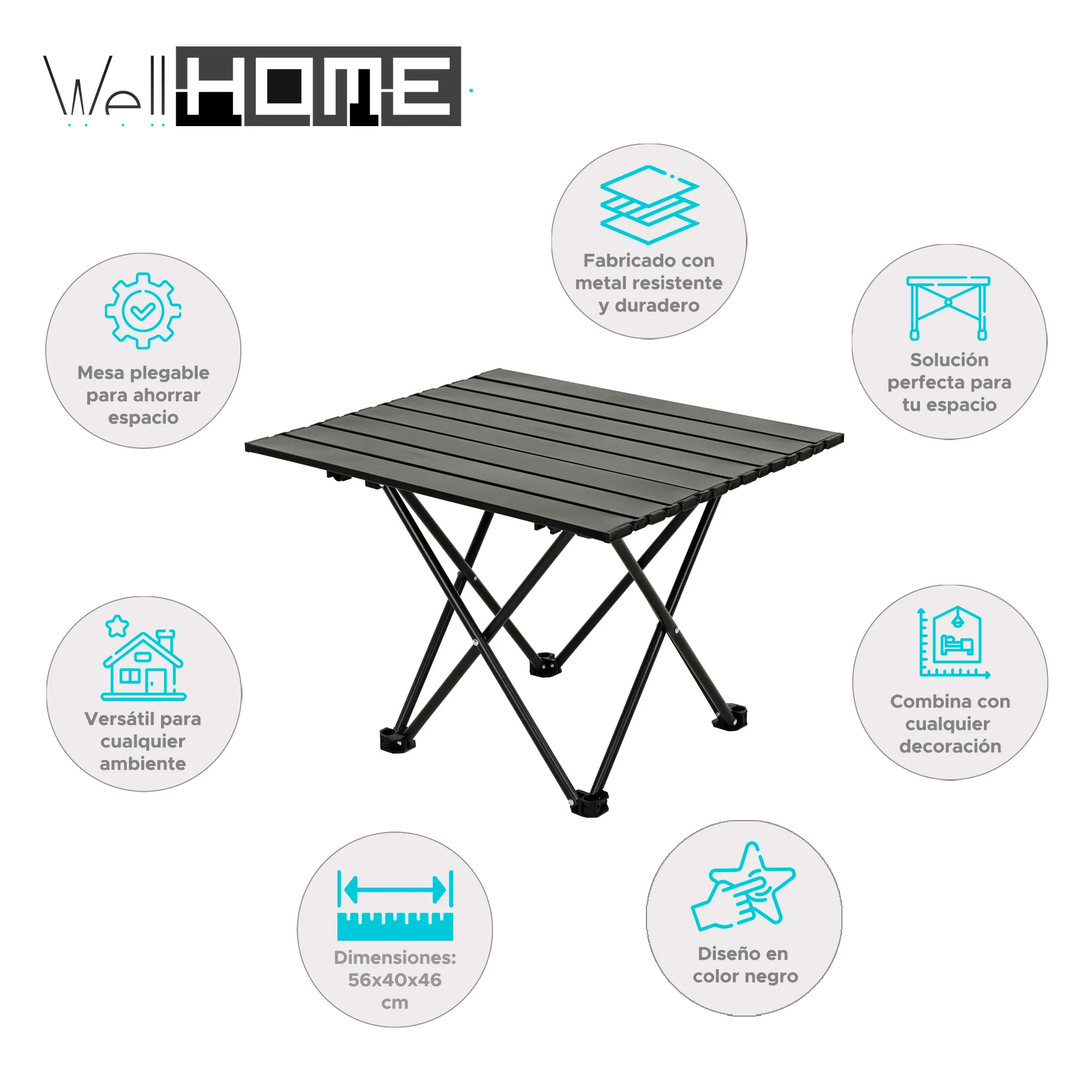 Well Home Mesa Plegable En Metal Color Negro 56x40x46cm - Image 2