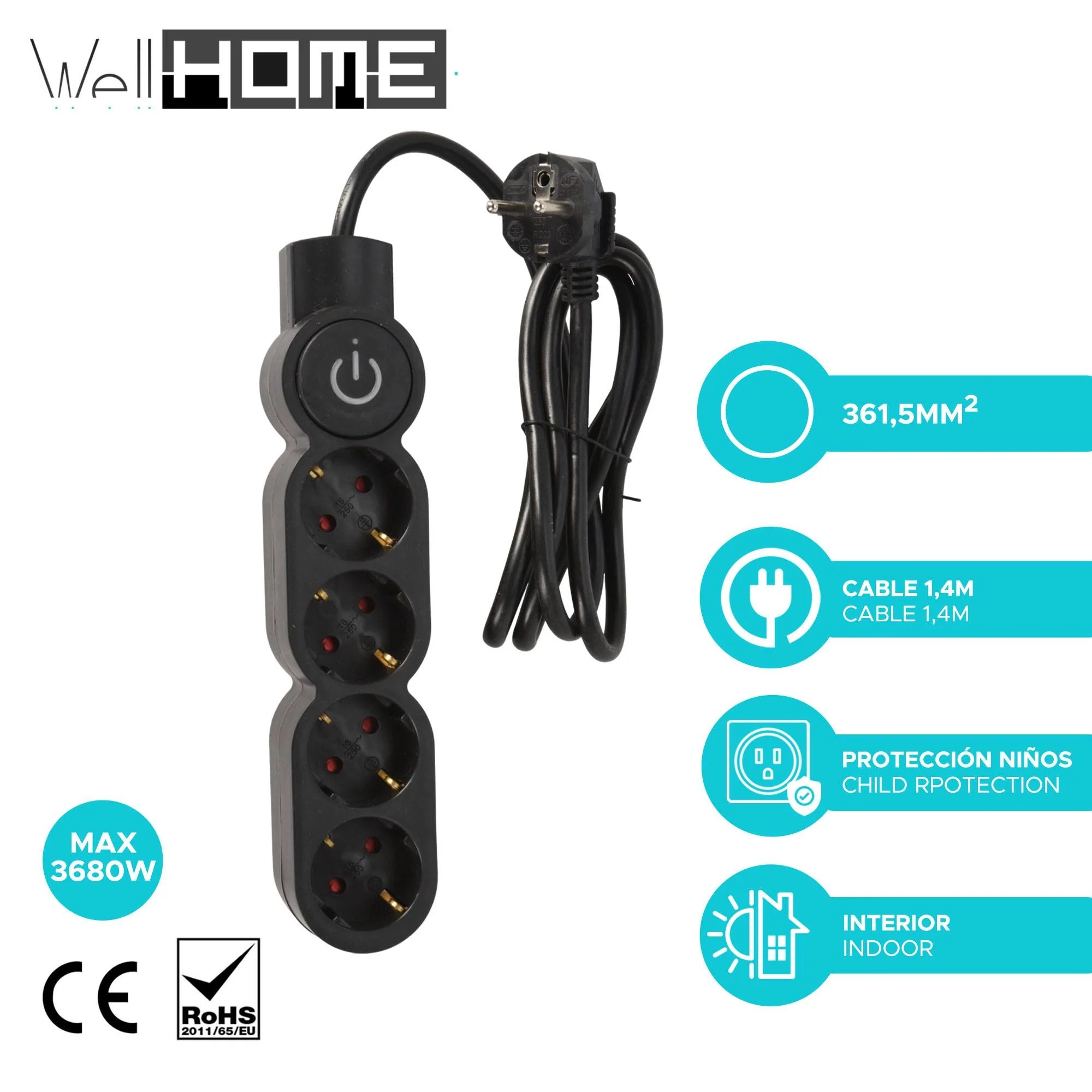 Well Home Regleta De 4 Vías Color Negro Con Protección Para Niños, Con Interruptor Encendido/apagado , Cable 140cm - Image 2