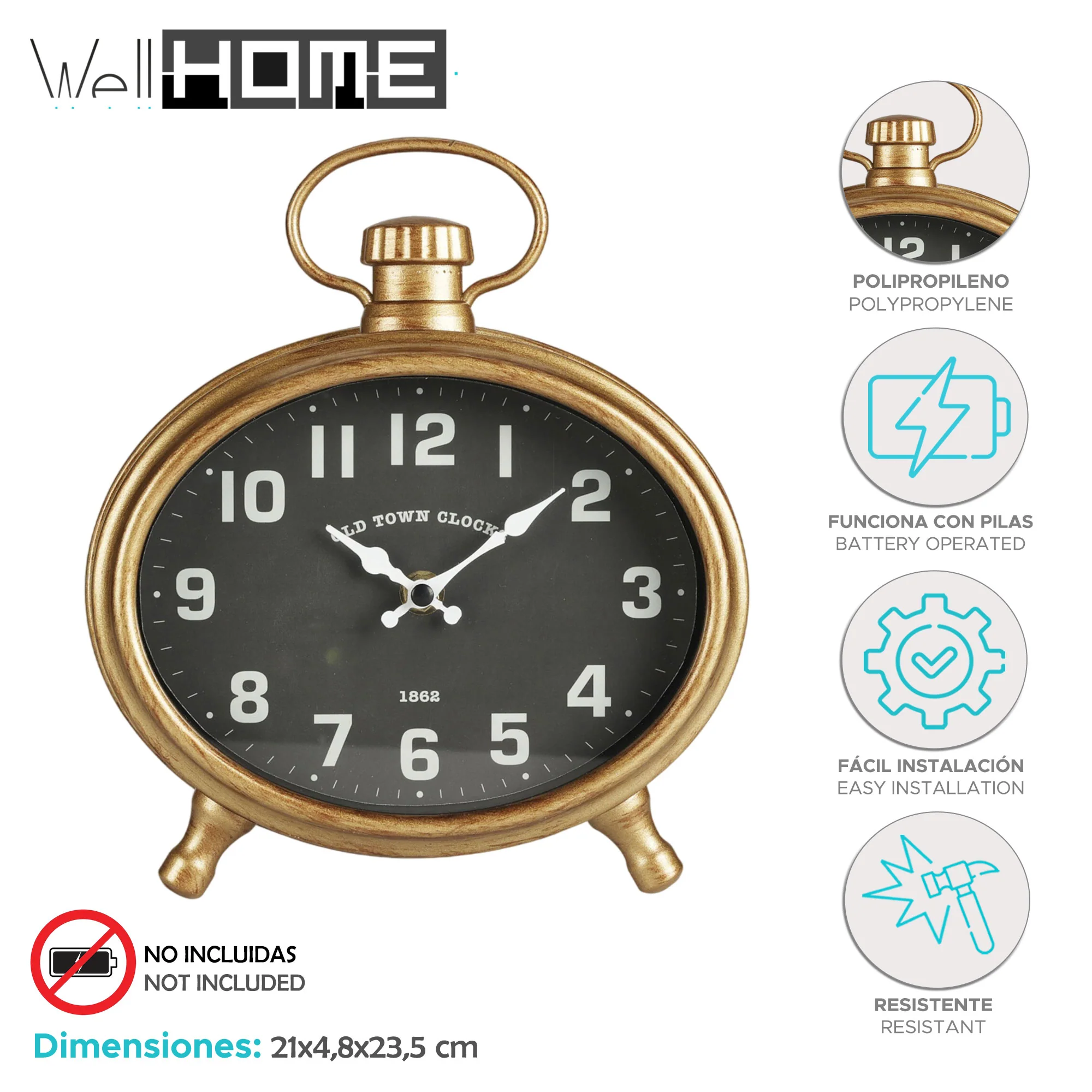 Well Home Reloj De Apred Ovalado Cuerpo Dorado 21x4,8x23,5cm - Image 2