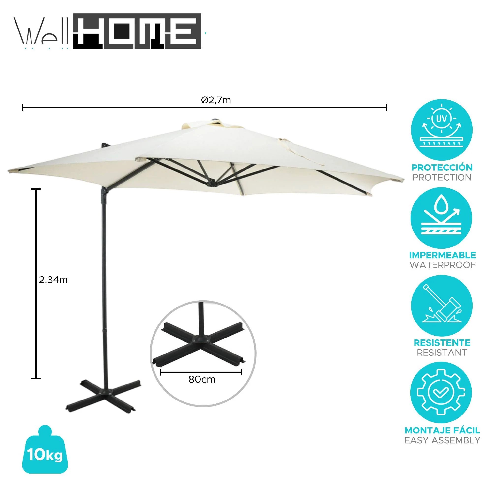 Well Home - Sombrilla Colgante Push Up Ø270cm Crema Con Base De Acero Cruzado - Image 2