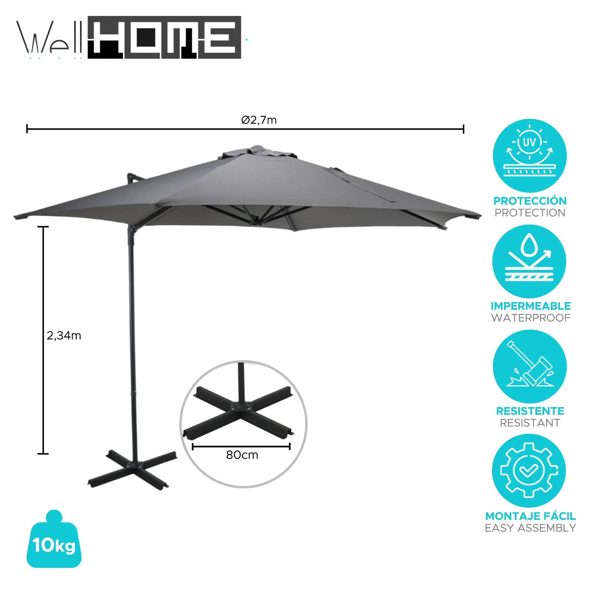 Well Home - Sombrilla Colgante Push Up Ø270cm Gris Claro Con Base De Acero Cruzado - Image 2