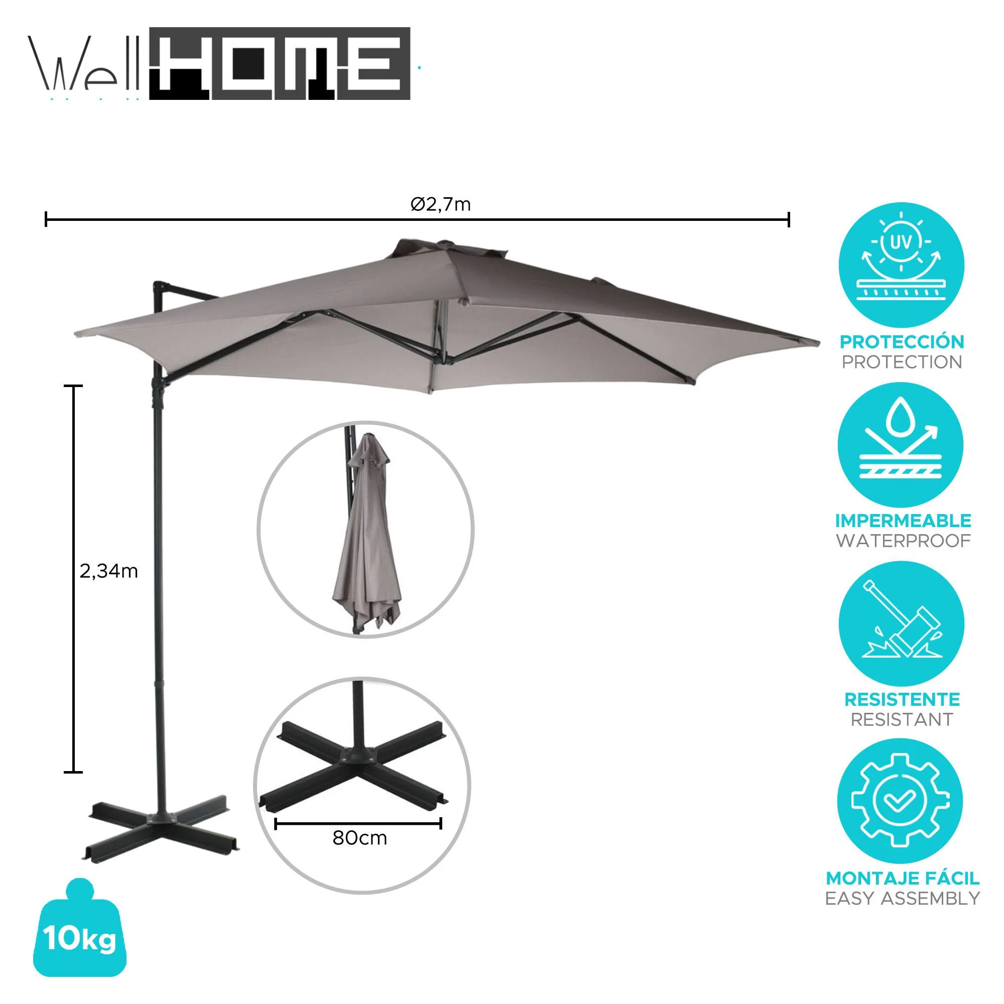 Well Home - Sombrilla Colgante Push Up Ø270cm Topo Con Base De Acero Cruzado - Image 2
