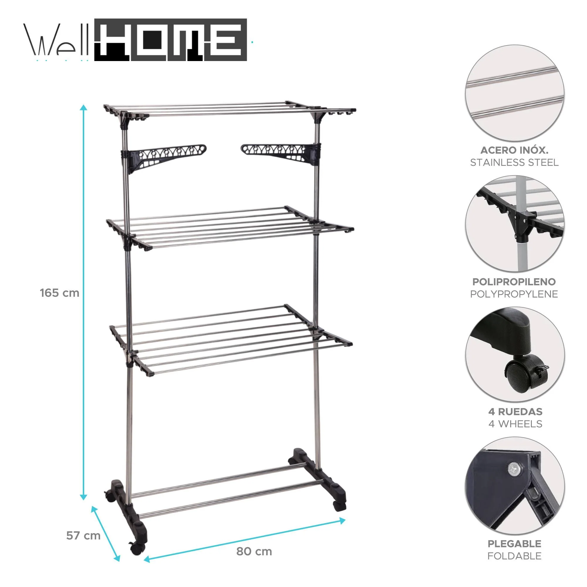 Well Home Tendedor De 3 Alturas Con Tubos Y 4 Ruedas 80x57x165cm - Image 2