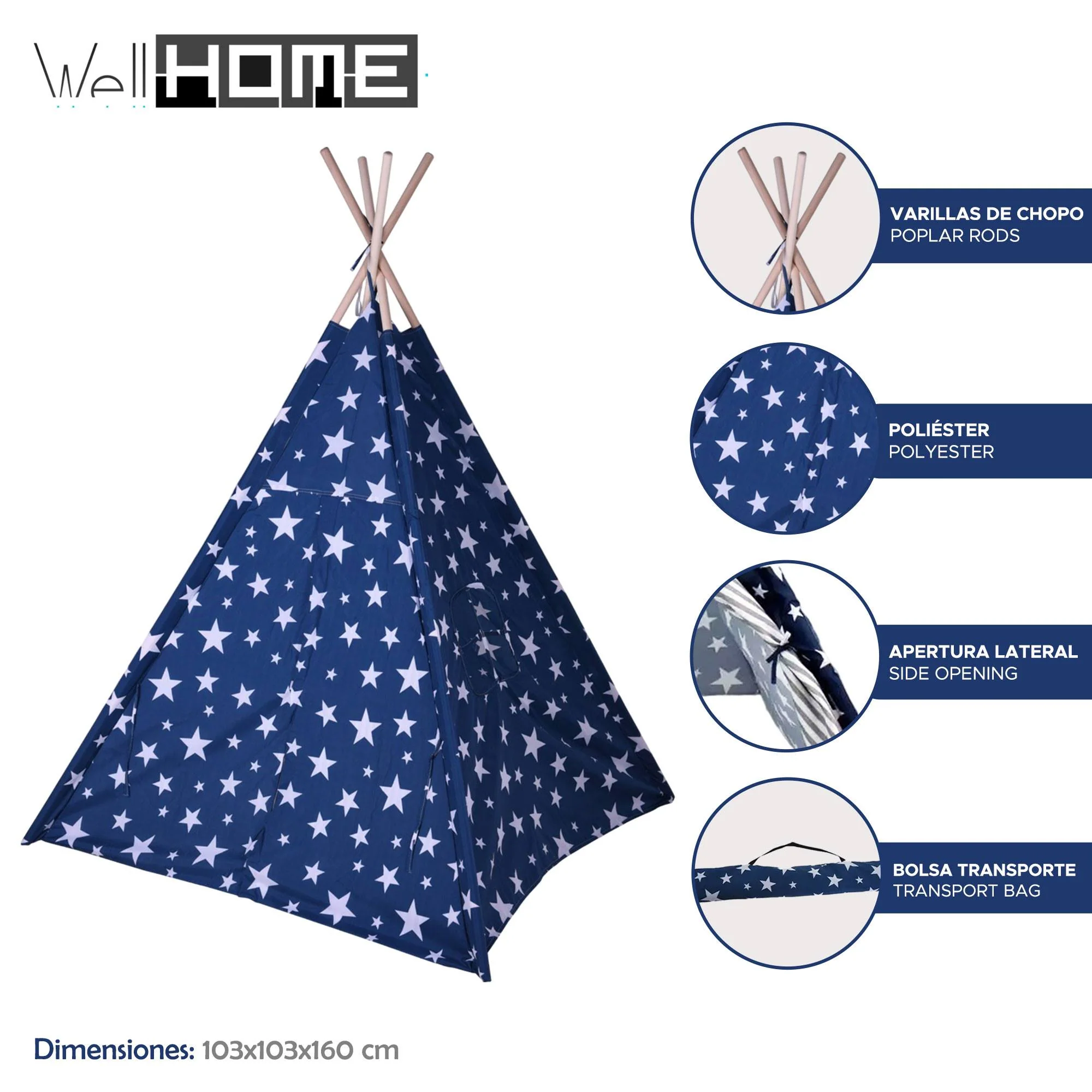 Well Home - Tipi De Poliéster Diseño De Estrellas Color Azul 103x103x160cm - Image 2