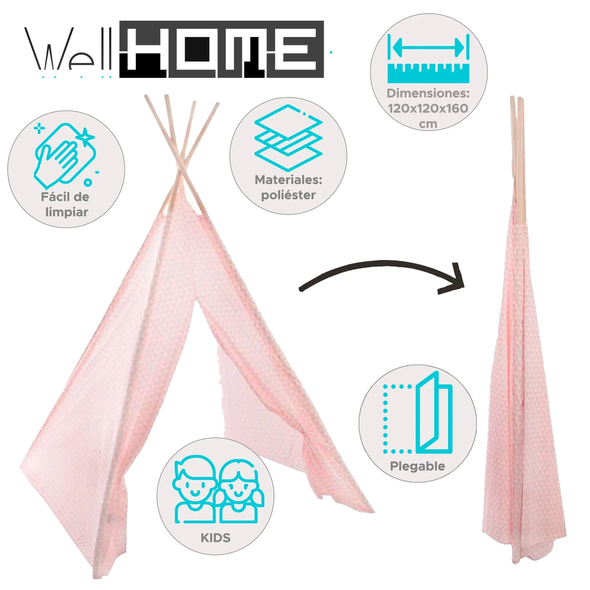 Well Home Tipi Infantil Rosa 120x120x160 - Image 2