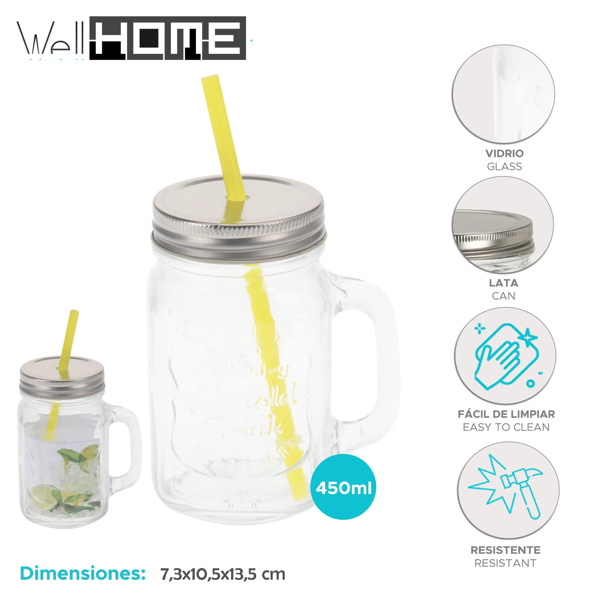 Well Home Vaso De Cristal De 450ml Con Pajita Amarilla - Image 2