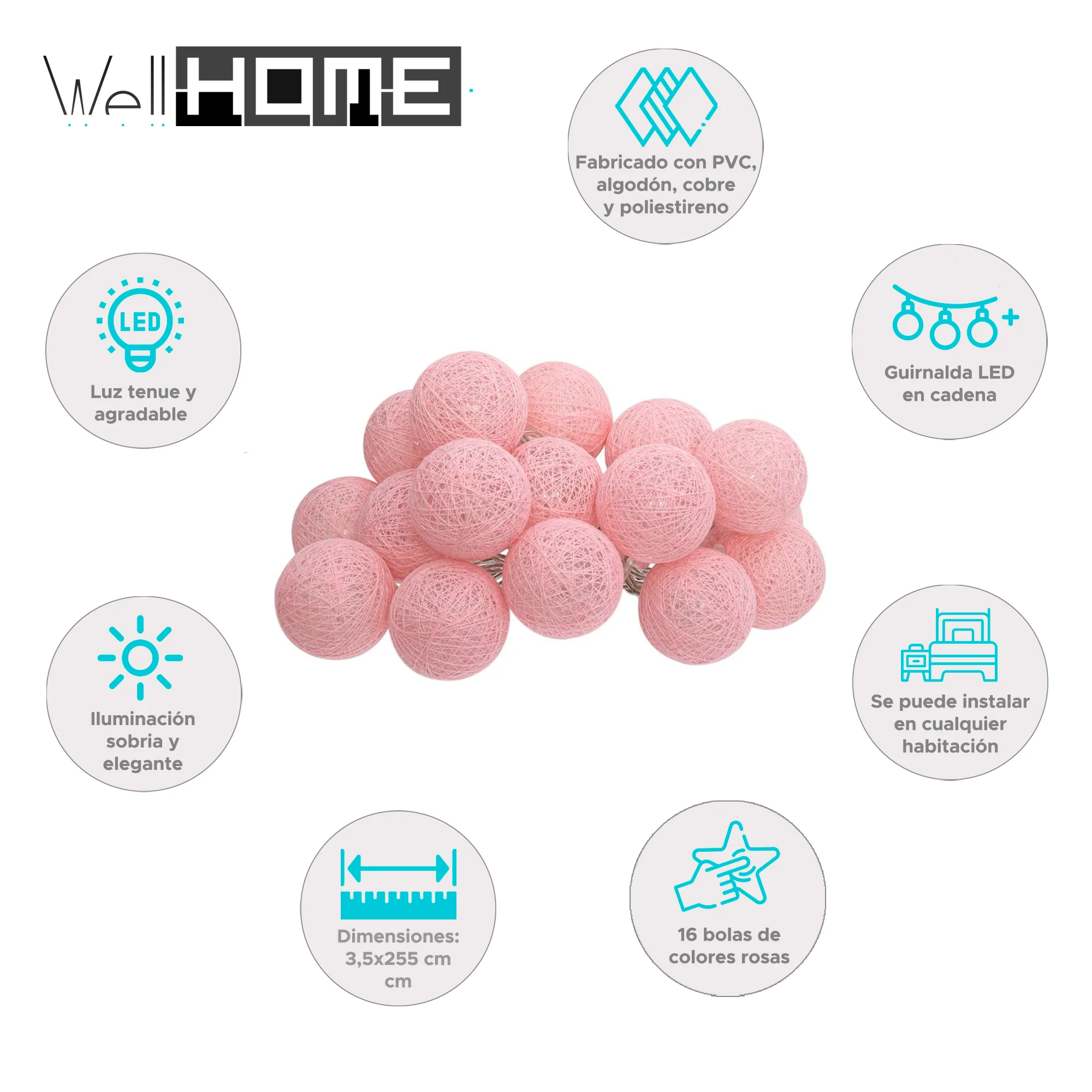 Wellhome Guirnalda Led Rosada 16 Bolas D.3,5cm - Image 2