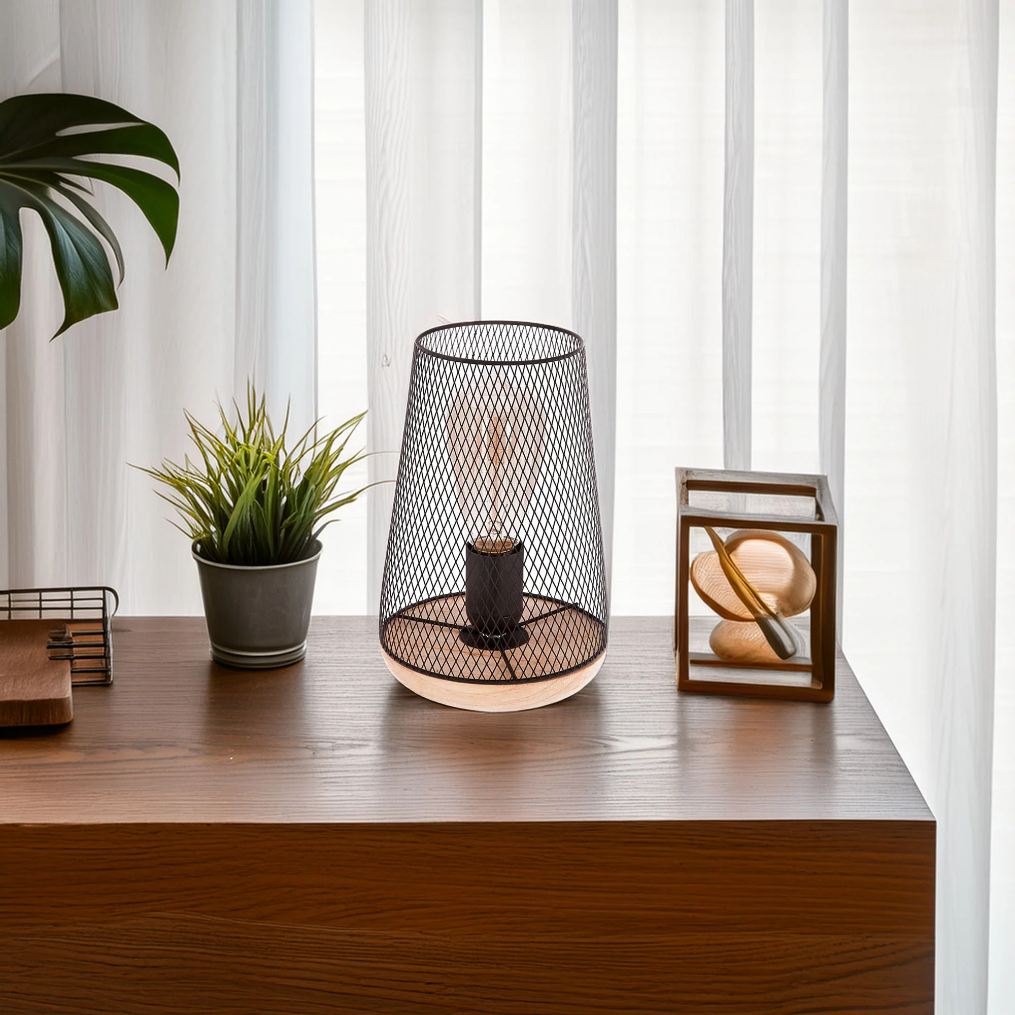 Wellhome Lámpara Metal Madera Negra H.23cm - Image 4