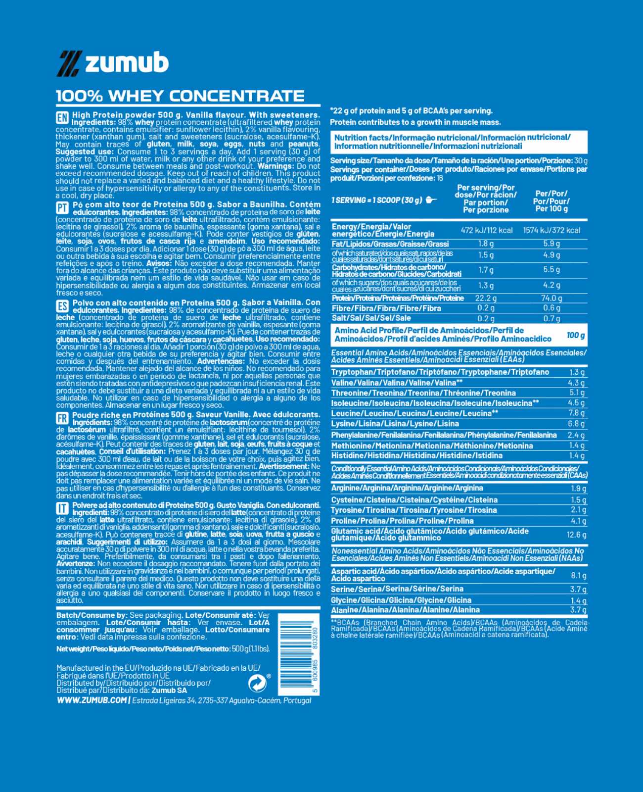 Zumub 100% Whey Concentrate 500 G  - Vainilla - Image 2