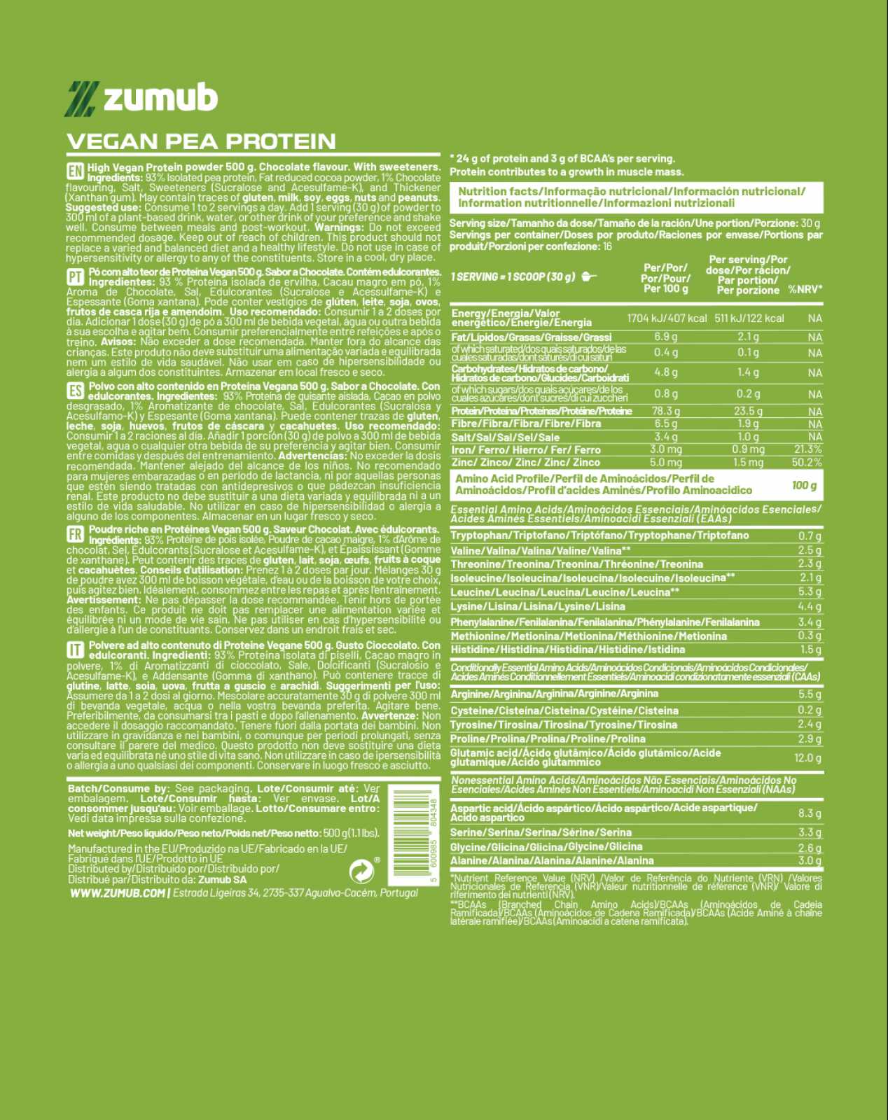 Zumub Vegan Protein (pea Protein) 500g - Chocolate - Image 2